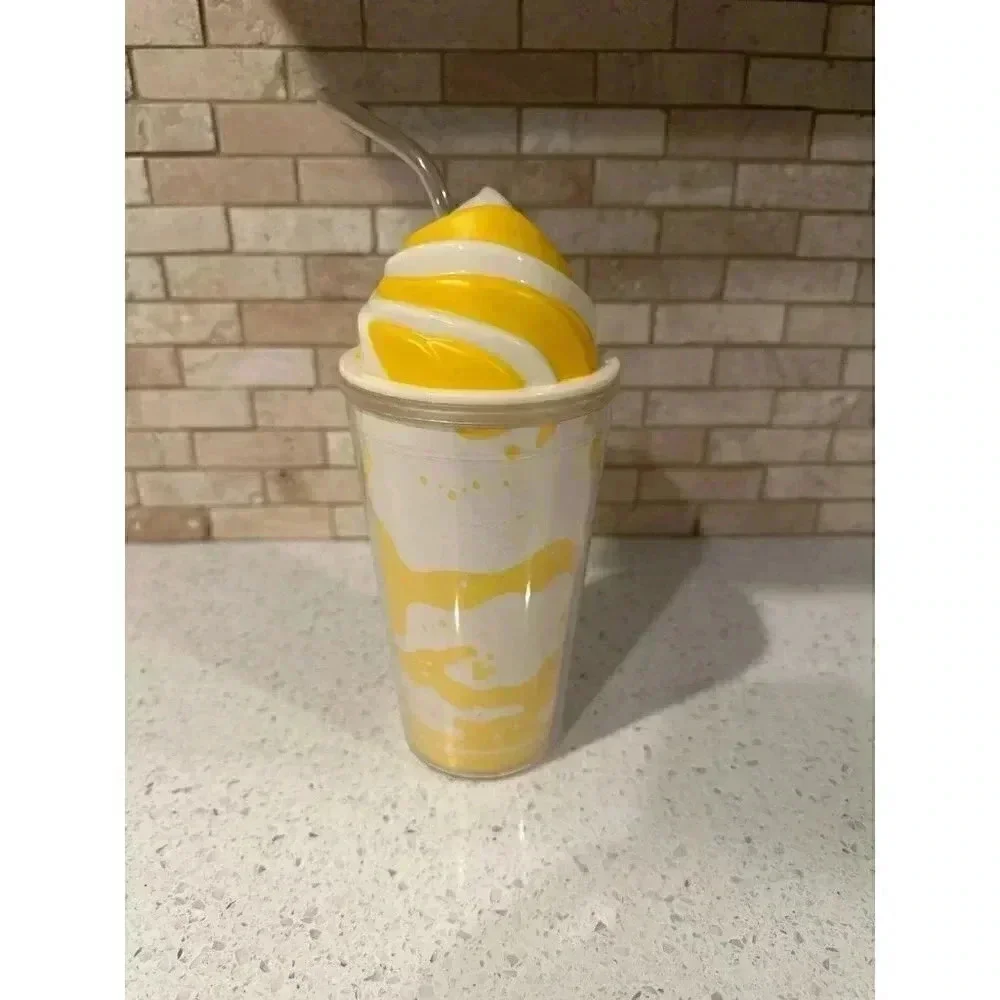 Disney Parks Plastic Tumbler Cup Dole Whip Pineapple Ice Cream Swirl Straw Drink